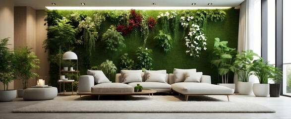 Modern Apartment with Vertical Garden Wall and Sustainable Design - Realistic Interior Design Concept with Nature Photo Stock