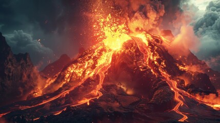 A dramatic eruption of molten lava from the crater of a volcano, showcasing the raw power and intensity of nature's fury.