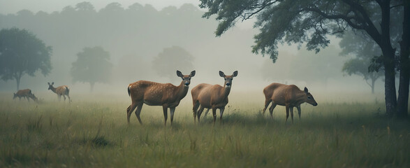 Misty Rainy Season: Tranquil Close-up of Grazing Deer - Ideal for Wildlife Protection Campaigns