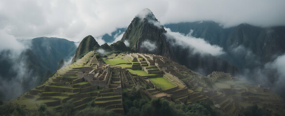 Machu Picchu Enveloped in Mist: Rainy Season Close-Up of Ancient Inca City in Peru - obrazy, fototapety, plakaty