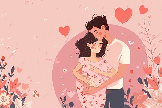 Illustration of a married couple, a man hugging a pregnant woman from behind. Horizontal vector banner with happy couple in love, family. generative ai