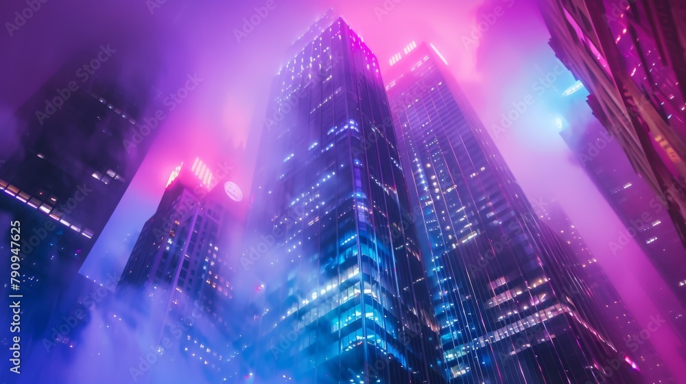 Poster a dramatic shot of a skyscraper ablaze with vibrant colors from a dazzling light display, adding a t