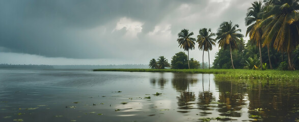 Monsoon Magic in Kerala: Tranquil and Mystical Backwaters Reflecting Rain Season Photo Stock Concept