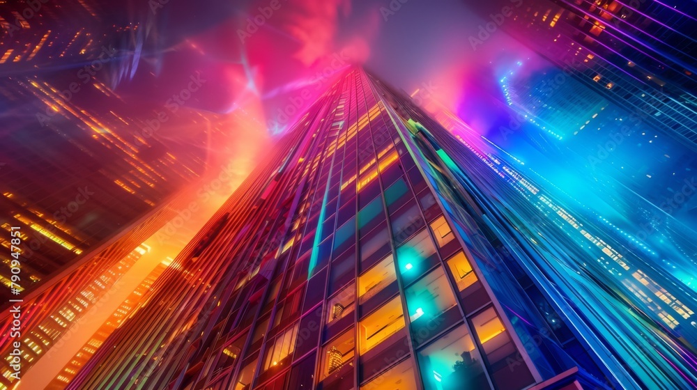 Aufkleber a dramatic shot of a skyscraper ablaze with vibrant colors from a dazzling light display, adding a t