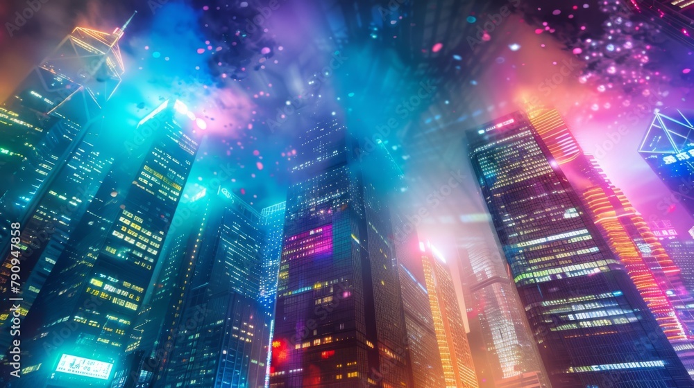 Aufkleber a dramatic shot of a skyscraper ablaze with vibrant colors from a dazzling light display, adding a t