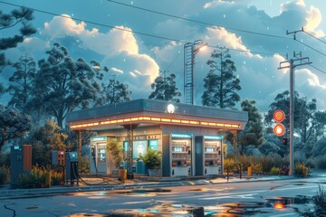 Futuristic of hydrogen fuel cell vehicle refueling station, representing clean energy. Electric car charging point at dusk, sky ablaze with pink and orange hues. Luxury vehicle charging, - obrazy, fototapety, plakaty