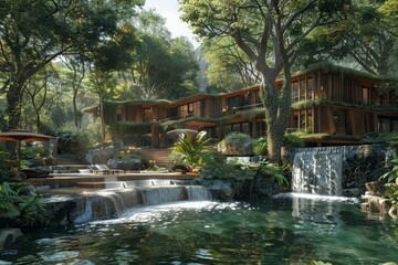 Serene scene of a community powered by hydropower, emphasizing harmony with nature. Luxurious wooden retreat by waterfalls, lush foliage, serene ambiance, enveloped by towering trees.