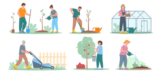Set of gardening people isolated on white background. Gardeners or farmers watering, planting, growing and mowing. Agricultural workers in garden or city park. Flat or cartoon vector illustration.