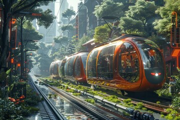 Concept art of a city powered by hydrogen energy, Sleek train cruises on city tracks, amidst a serene urban garden; tall buildings aglow with soft lights, greenery surrounds tranquil scene. - obrazy, fototapety, plakaty