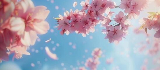 Lovely cherry blossom sakura during the spring season against a backdrop of blue skies.
