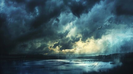 A dramatic sky streaked with rain clouds, casting a moody ambiance over the landscape as the heavens open up."
