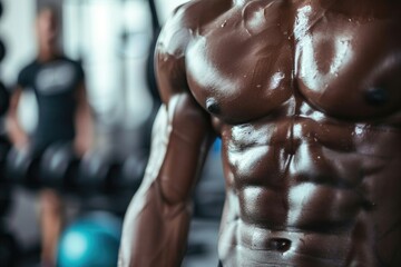 Close-up of a well-defined six-pack on a sweaty athlete after an intense workout session, gym background with equipment - obrazy, fototapety, plakaty