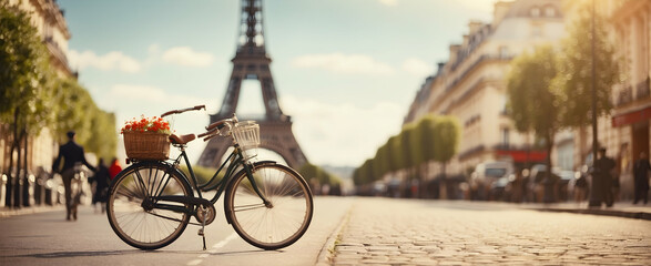 Retro Chic: Vintage Bicycle by the Eiffel Tower in Parisian Street Scene - Retro Culture Photo Stock - obrazy, fototapety, plakaty
