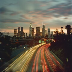 Fototapeta na wymiar City skyline blurred by the rush of high speed vehicles at dusk with light trails painting an urban tapestry