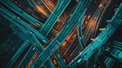 A drone's eye view of a busy interchange interchange, with cars streaming in and out, illustrating the complexity of modern road networks. - obrazy, fototapety, plakaty