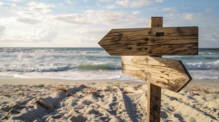 Poste con madera para señalización de direcciones junto a la playa