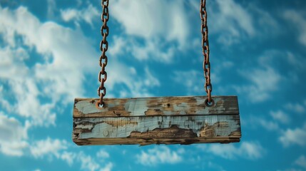 Cartel de madera colgando de unas cadenas, fondo cielo azul con nube, blank - obrazy, fototapety, plakaty
