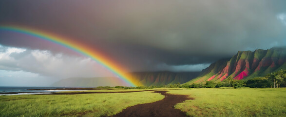 Hope and Diversity: Hawaiian Landscapes Blossoming with Rainbows After Rain in the Rain Season