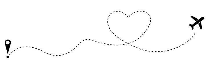 Flight route. Romantic trip. Dotted line. Vector illustration isolated on white background.