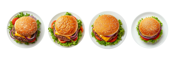 collection of tasty burgers, top view isolated