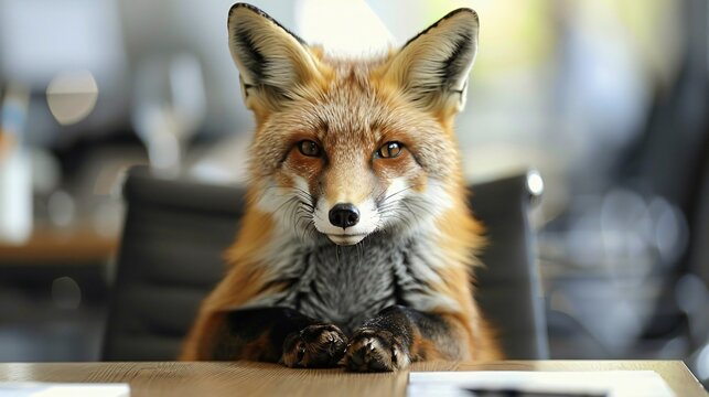 Clever fox in contemporary business attire delivering a presentation in a corporate boardroom setting