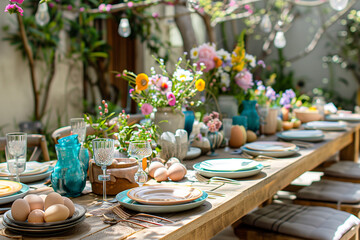 Table setting of various food, surrounded by ceramic dishes and cutlery in a garden.