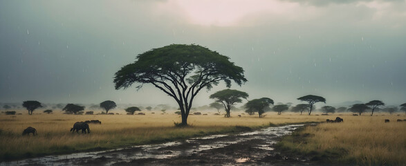 Rainy Serengeti Tanzania: Thriving Wildlife in the Savanna Under the Rain - Rain Season Photo Stock - obrazy, fototapety, plakaty
