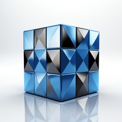 3d rendering of a blue and black cube with a geometric pattern