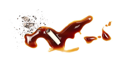 Spilled instant coffee with foam, stains and butt cigarette, ashes isolated on white background, top view - obrazy, fototapety, plakaty