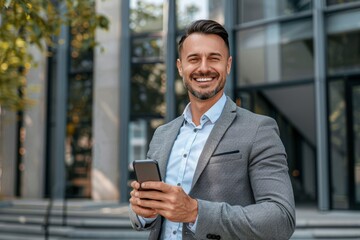 Confident businessman in gray suit holding phone outdoors by office building for work