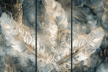 panel wall art, marble background with feather designs , wall decoration