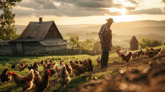 A farmer feeding a flock of chickens on a quaint countryside farm, a scene of sustainable living.