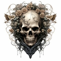 A skull with a floral crown made of black and white roses, with vines growing out of the eye sockets and mouth.