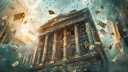 Craft a visual narrative of financial abundance with a striking bank building