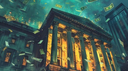 Craft a visual narrative of financial abundance with a striking bank building - obrazy, fototapety, plakaty