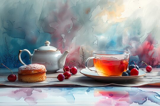 Tea with small cakes and teapot with copy space digital art, water color style