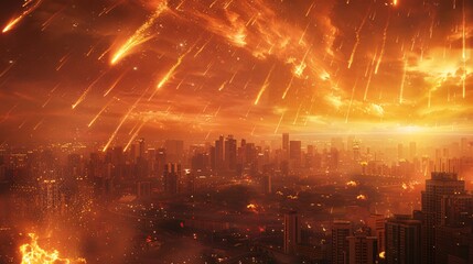 Dramatic scene of a burning meteor shower illuminating the night sky over a bustling metropolitan area - obrazy, fototapety, plakaty