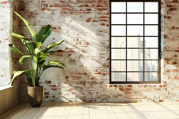 Modern loft style room with spacious window, brick wall, and plant in a contemporary interior design