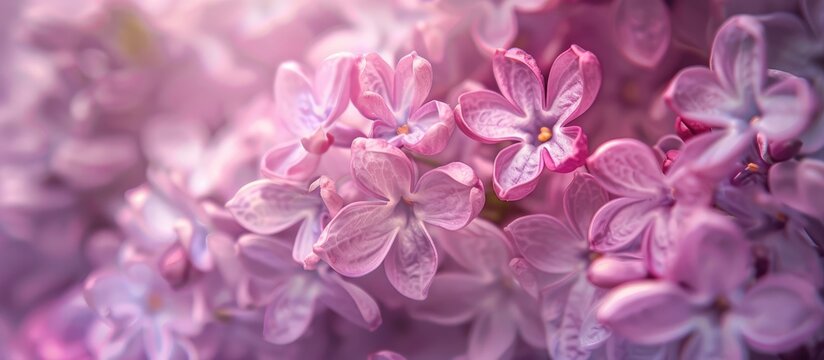 Macro photograph of lilac violet flowers in spring, creating an abstract and soft floral backdrop.