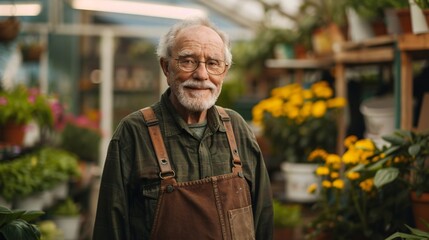 Elderly herbalist in a serene greenhouse surrounded by plants known for their pain relieving properties - obrazy, fototapety, plakaty