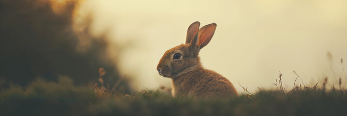 rabbit is positioned in the middle of a lush green grassy field - obrazy, fototapety, plakaty