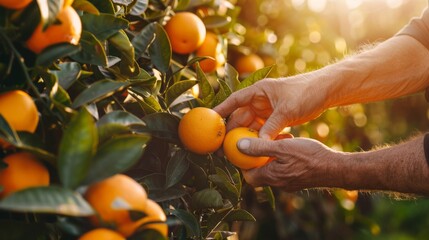 A farmer's hands gently plucking ripe oranges from the tree at sunrise, conveying the tranquility of harvesting fruits. - obrazy, fototapety, plakaty