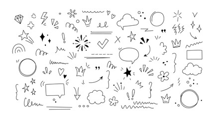 Doodle icon set. Sketch underline, emphasis, arrow shape set. Hand drawn brush stroke, highlight, speech bubble, underline, sparkle element. Vector illustration.