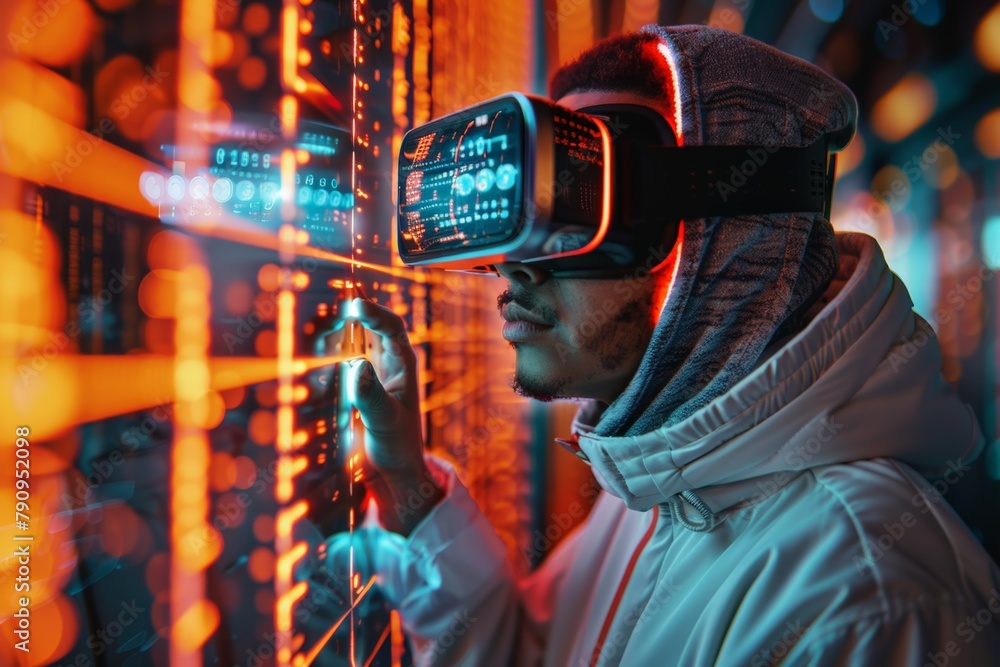 Poster cybersecurity engineer wearing virtual reality goggles, visually navigating through a network's defe