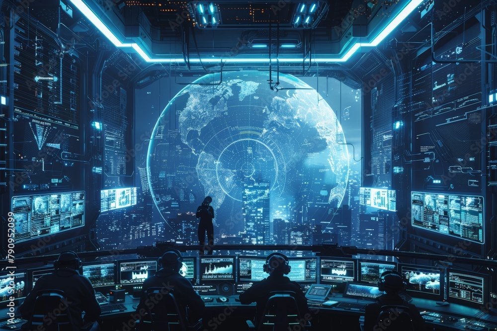 Poster network of computers being scanned and protected by a translucent cybersecurity shield, control room