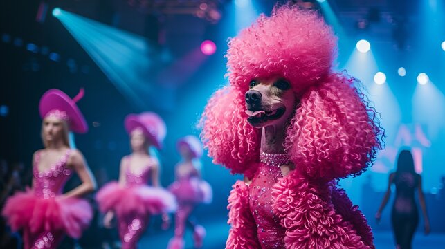 Elegant pink poodle hosting a glamorous fashion show models strutting on the runway with avant garde animal outfits
