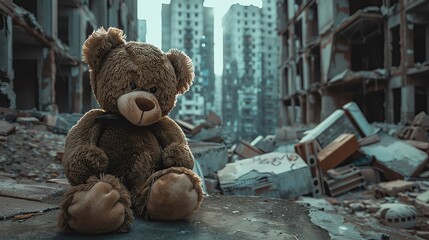 old teddy bear in a big abandoned city with extremely high skyscrapers, realism style
