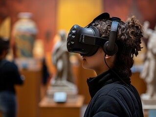 A woman wearing a black jacket and headphones is looking at a virtual reality display. She is the main focus of the image, and the scene appears to be a museum or an exhibit