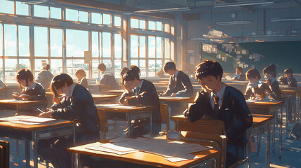 high school students taking English test at school, realistic, anime