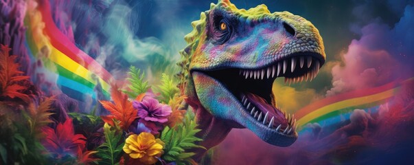 A surreal artwork of a dinosaur in a hazy, vibrant rainbow smoke environment, clutching a cannabis leaf, blending fantasy with prehistoric themes - obrazy, fototapety, plakaty